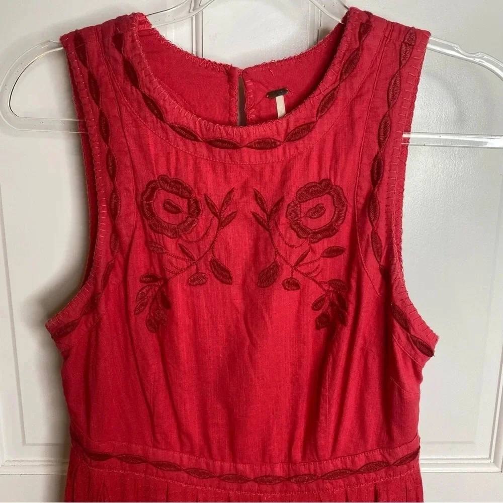 Free People Birds Of A Feather Coral Red Embroidered Sleveless Mini Dres… - Picture 7 of 16
